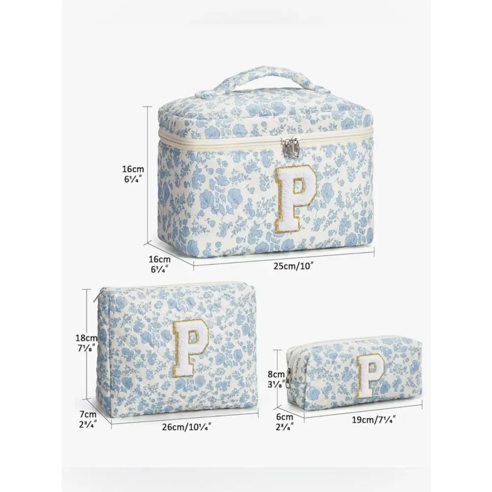 NEW Monogram P Initial Blue Floral Cosmetic Bag Set